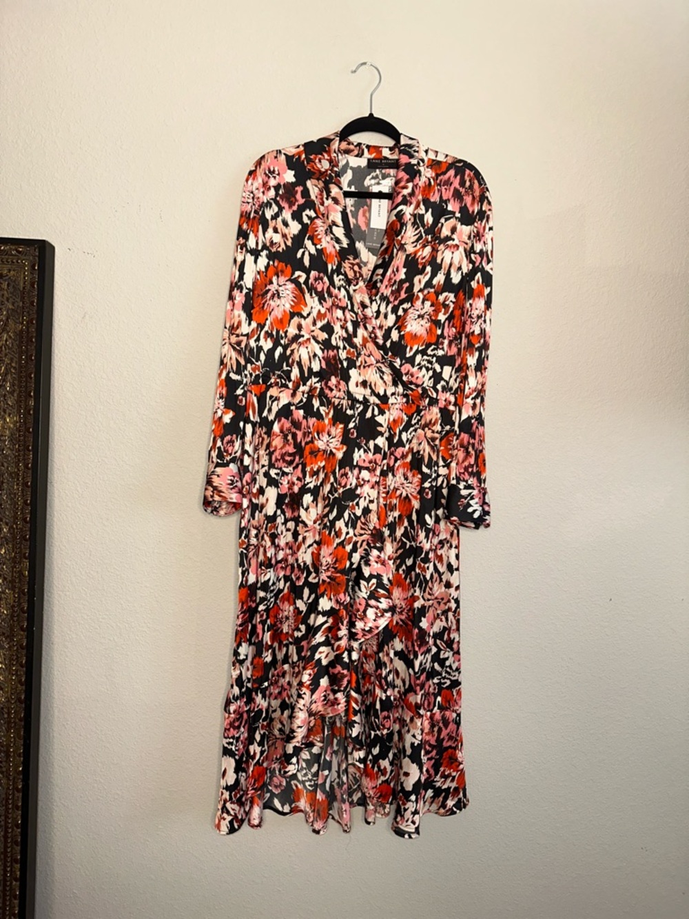 Lane Bryant Black Floral Wrap Dress with‎ Coral & Blush Blooms